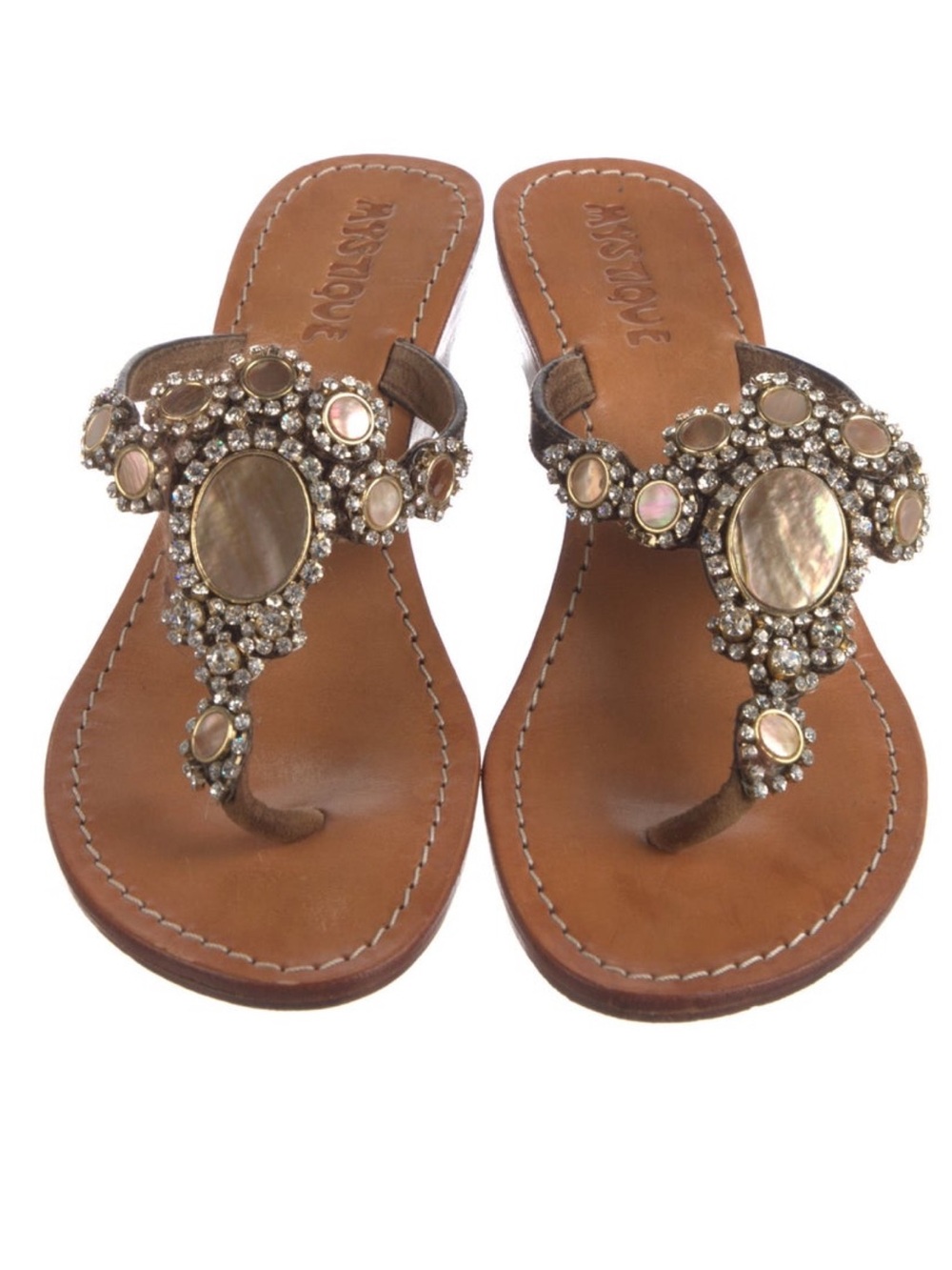 Mystique Boutique Brown Jeweled Wedge Thong Sandal